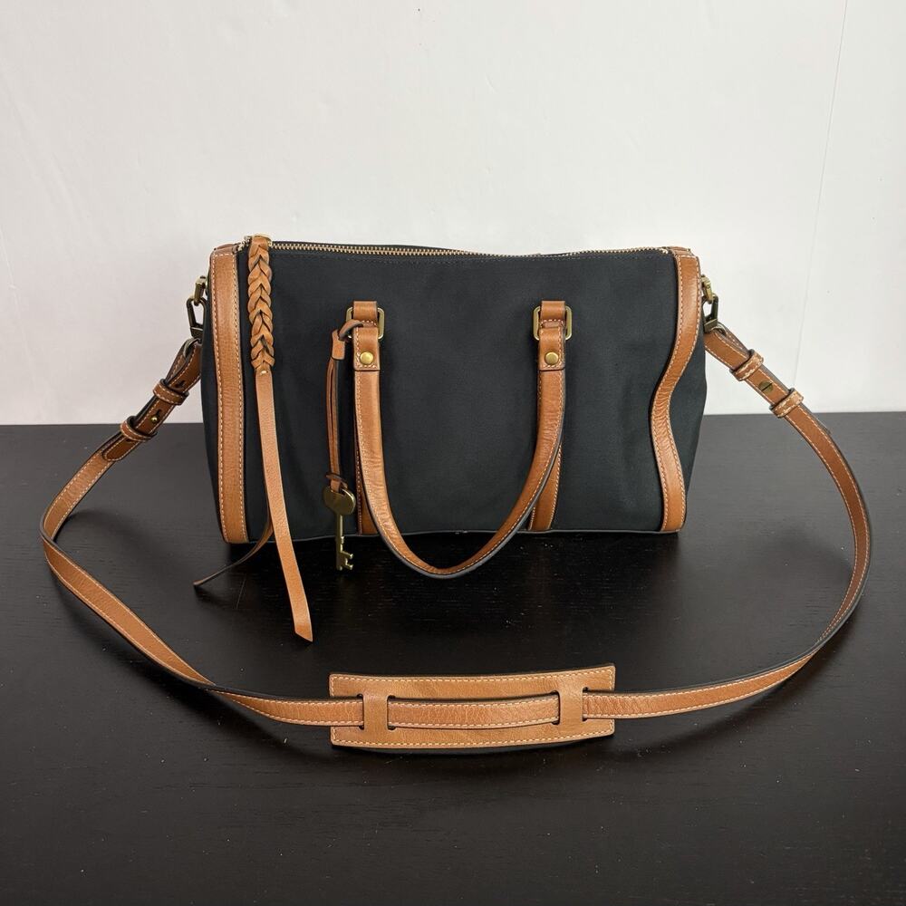 Fossil Kendall Satchel Small Duffle Crossbody Brown Leather Black Canvas Fabric